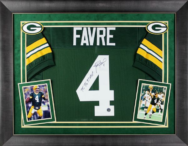 Brett Favre Signed Packers Jersey in Custom Framed Display (PSA/JSA Guaranteed)