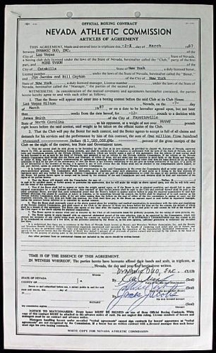 Unique Mike Tyson & James "Bonecrusher" Smith Signed 1987 WBA/WBC Fight Contract (PSA/DNA)