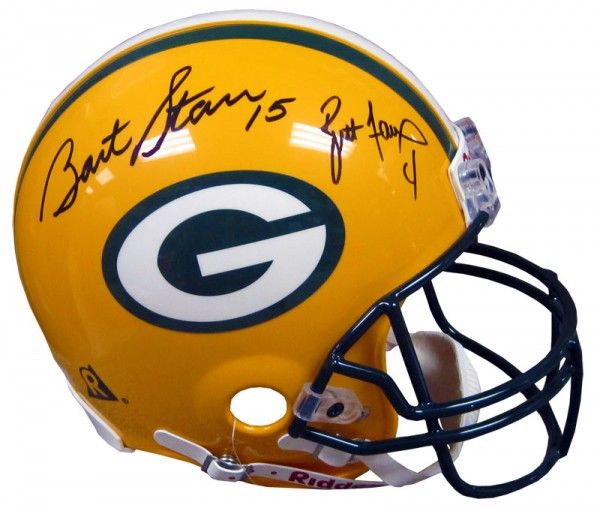 Bart Starr & Brett Farve Dual Signed Full Size PRO LINE Packers Helmet (PSA/JSA Guaranteed)