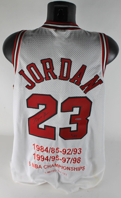 Autographed Chicago Bulls Michael Jordan Upper Deck Red Jersey with  Embroidered Stats - Limited Edition of 123