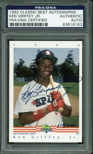 Ken Griffey Jr. Desirable Signed 1992 San Bernardino Spirit Baseball Card (PSA/DNA Encapsulated)