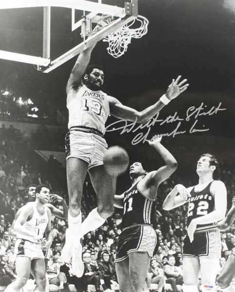 Wilt Chamberlain Signed 16" x 20" B&W Photo w/ "The Stilt" Inscription (PSA/DNA)