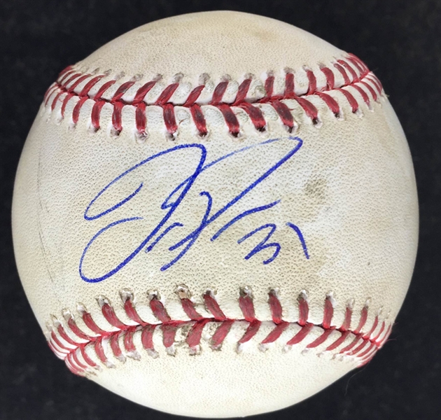 Joc Pederson Signed & Game Used OML Baseball :: 5-12-15 LAD vs MIA :: Pederson At-Bat! (MLB Authentication Hologram & PSA/DNA COA)