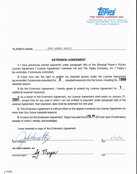 Braves: John Smoltz Signed 1996 Topps Extension Agreement (PSA/DNA)