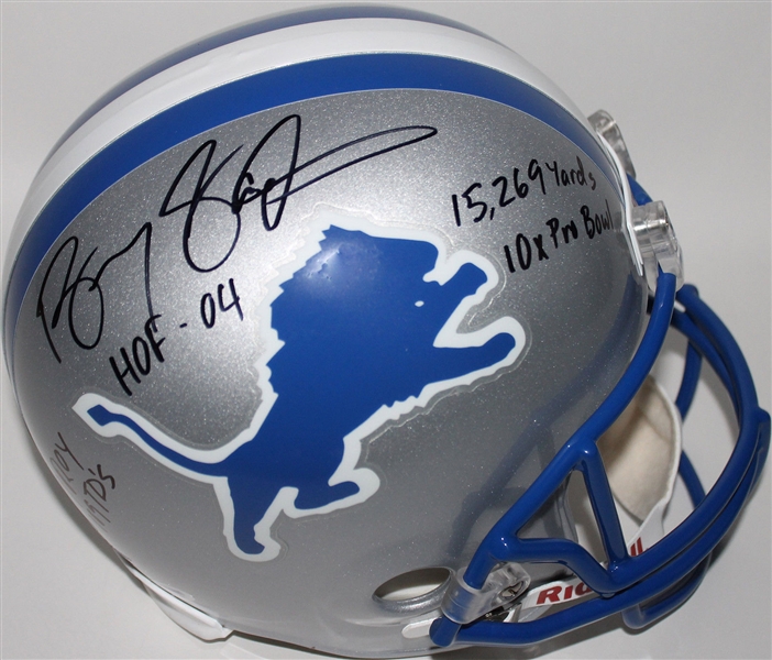 Barry Sanders Signed Detroit Lions Full Sized Stat Inscribed Helmet (PSA/DNA)