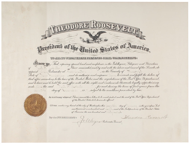 President Theodore Roosevelt Signed 1904 Presidential Appointment (PSA/DNA)