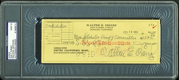 Walt Disney Rare Signed Bank Check PSA/DNA Graded MINT 9, The Finest We Have Encountered!