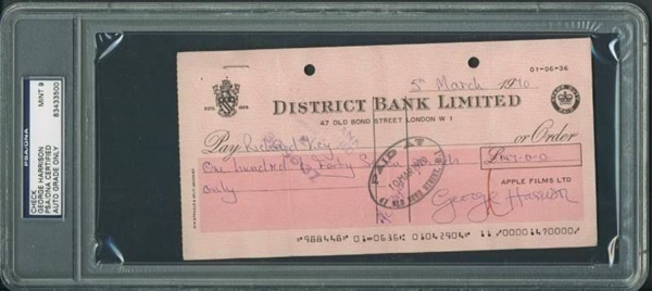 The Beatles: George Harrison Signed Apple Films Business Check (1970) - PSA/DNA Graded MINT 9