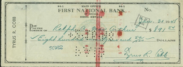 Ty Cobb Signed & Hand-Written Vintage 1945 Bank Check w/ Superb Autograph! (PSA/JSA Guaranteed)