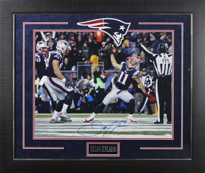 Patriots: Julian Edelman Signed 16" x 20" Photo in Custom Framed Display (JSA)
