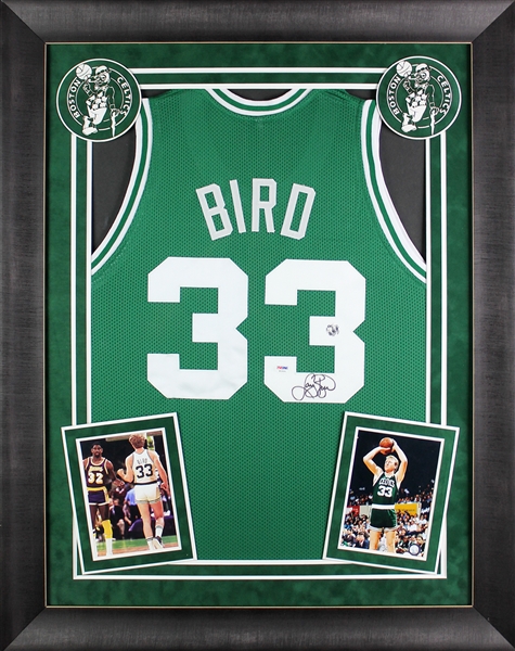 Larry Bird Signed Celtics Jersey in Custom Framed Display (Bird Holo & PSA/DNA)