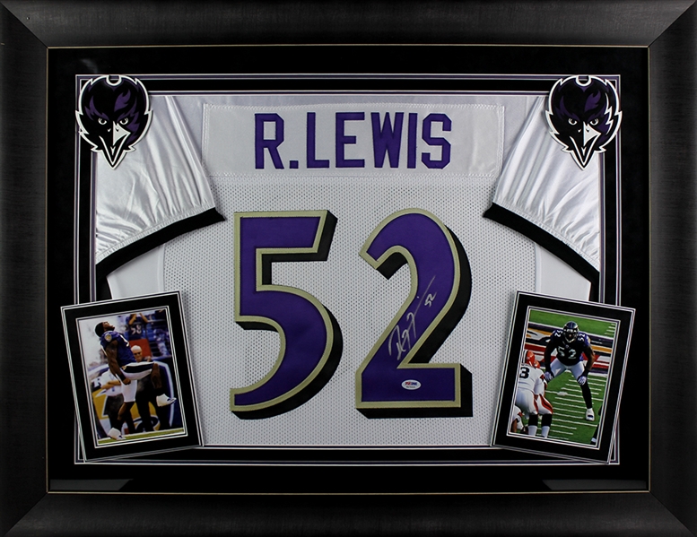 Ray Lewis Signed Ravens Jersey in Custom Framed Display (PSA/DNA)