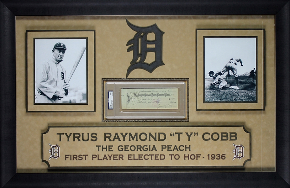 Ty Cobb Signed Bank Check in Custom Framed Display (PSA/DNA Graded MINT 9)