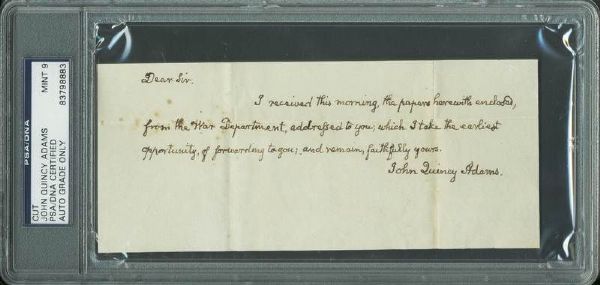 John Quincy Adams Handwritten & Signed 3" x 7" Note - PSA/DNA Graded MINT 9