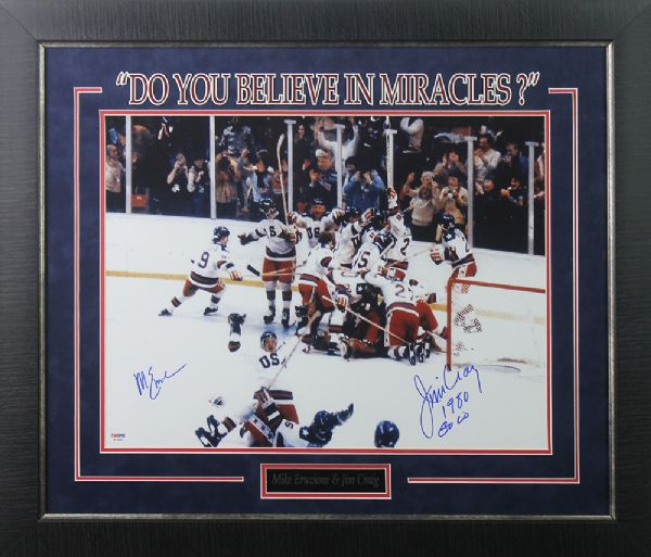 Miracle on Ice: Jim Craig and Mike Eruzione Dual-Signed 16" x 20" Team USA Photo in Custom Framed Display (PSA/DNA)