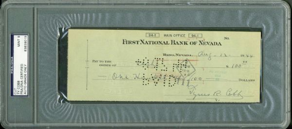 Ty Cobb Signed & Hand Written 1944 Bank Check PSA/DNA Graded MINT 9!