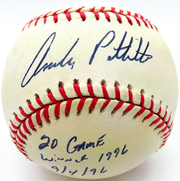 Andy Pettitte Signed & Inscribed OAL Baseball w/ "20 Game Winner 1996 9/4/96" Inscription (JSA)