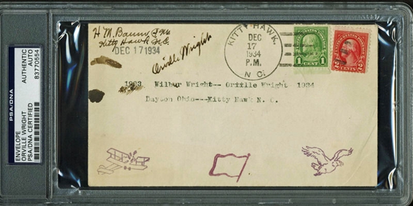 Orville Wright Signed & Kitty Hawk Postmarked 1934 Envelope (PSA/DNA Encapsulated)