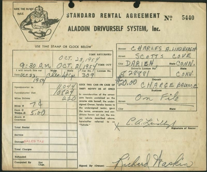 Charles Lindbergh Signed 1954 Car Rental Agreement (PSA/DNA)