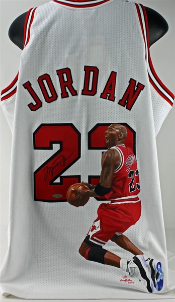 Michael Jordan Signed Chicago Bulls Pro-Cut Jersey w/ One-of-a-Kind Hand-Painted Portrait Artwork (UDA)