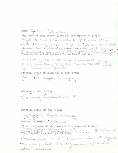 Johnny Unitas 1959 Handwritten Response Survey from NFL Championship Season! (PSA/DNA)
