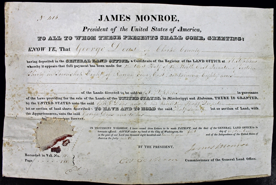President James Monroe Signed 1824 Land Grant (PSA/DNA)