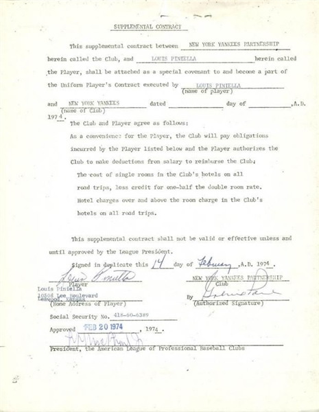 Lou Piniella Signed 1974 NY Yankees Contract w/ Larry MacPhail (PSA/DNA)