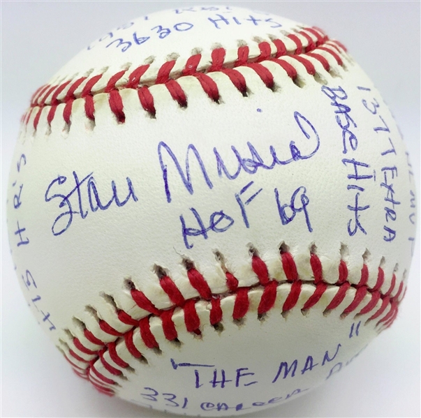 Stan Musial Signed ONL "Stat" Baseball w/ 20 Handwritten Inscriptions PSA/DNA Graded MINT 8.5!