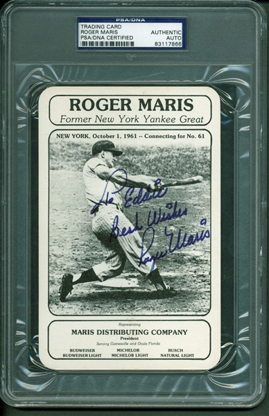 Roger Maris Signed 1961 Home Run 4.5" x 6" Maris Distributing Company Over-Sized Trading Card (PSA/DNA Encapsulated)