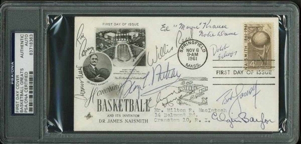 NBA Legends Multi-Signed First Day Cover w/ West, Reed, Baylor & Others (PSA/DNA Encapsulated)