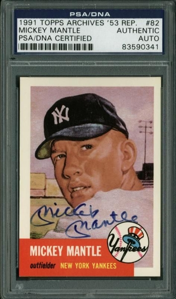 Mickey Mantle Signed 1991 Topps Archives 53 Reprint #82 (PSA/DNA Encapsulated)