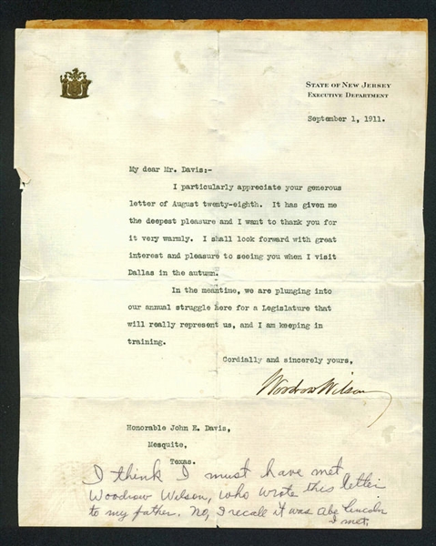 Woodrow Wilson Typed & Signed Letter as New Jersey Governor (PSA/DNA)