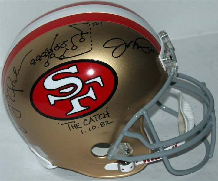 Joe Montana & Dwight Clark Signed 49ers Full-Sized Replica Helmet w/ "The Catch" Handwritten Play & Inscription (PSA/DNA)