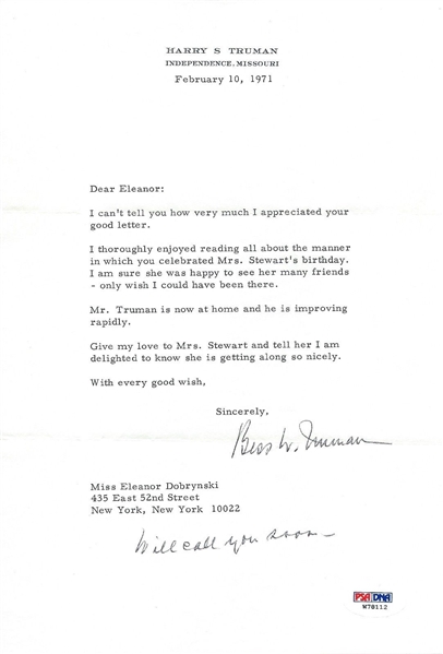 Bess Truman Signed 1971 Typed Letter w/ Rare Harry Truman Health Content! (PSA/DNA)