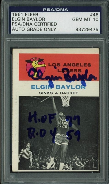 Elgin Baylor Signed 1961 Fleer #46 Rookie Card - PSA/DNA Graded GEM MINT 10!