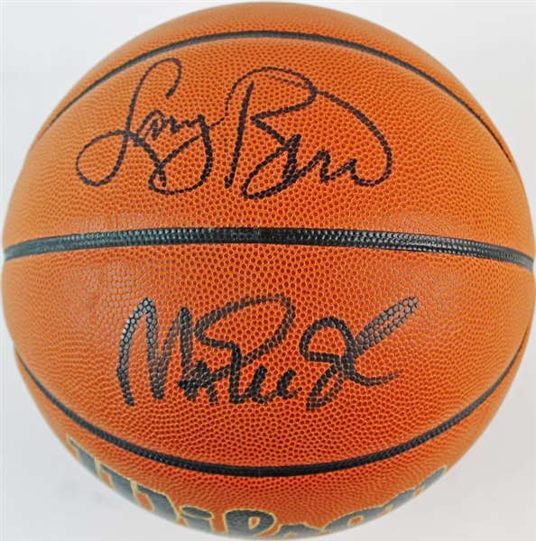 Magic Johnson & Larry Bird Dual Signed Spalding NCAA Model Basketball (PSA/DNA)