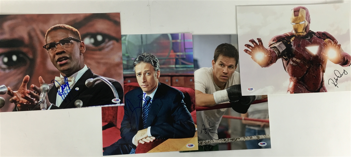 Lot of Four (4) Signed 11" x 14" Entertainment Photos w/ Wahlberg, Washington, Stewart & Downing Jr. (PSA/DNA)