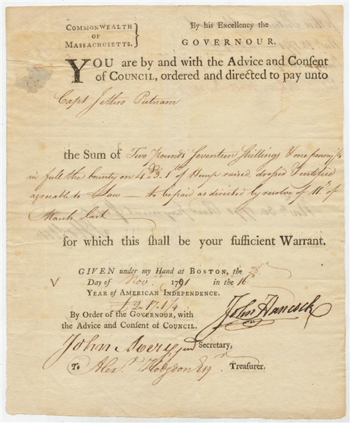 John Hancock TREMENDOUS Signed 1791 Legal Document (PSA/DNA)