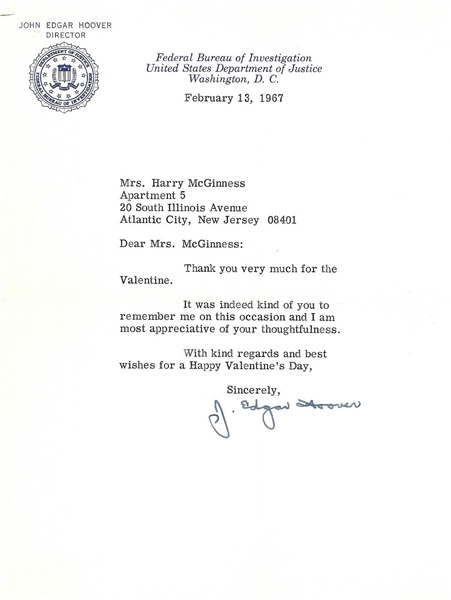 J Edgar Hoover Signed 1967 FBI Typed Letter (JSA)