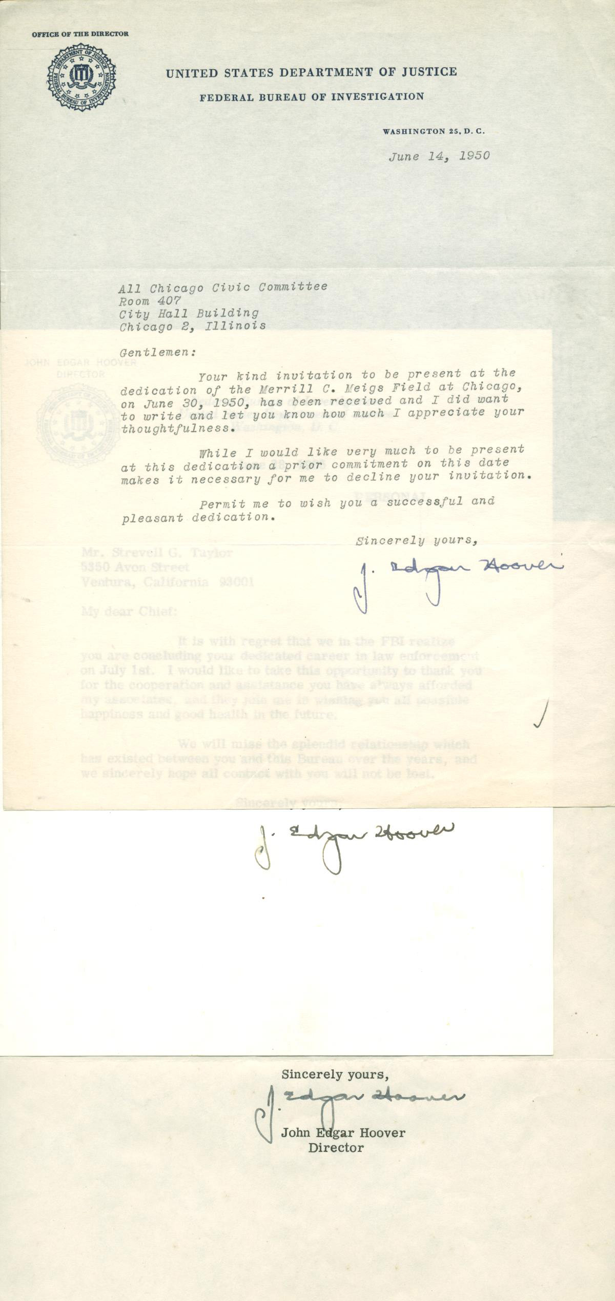 Lot Detail - Lot of Six (6) Signed John Edgar Hoover FBI Letters (PSA ...