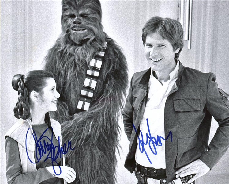 Harrison Ford & Carrie Fisher Near-Mint Dual Signed 11" x 14" Black & White Photograph (PSA/DNA Guaranteed)