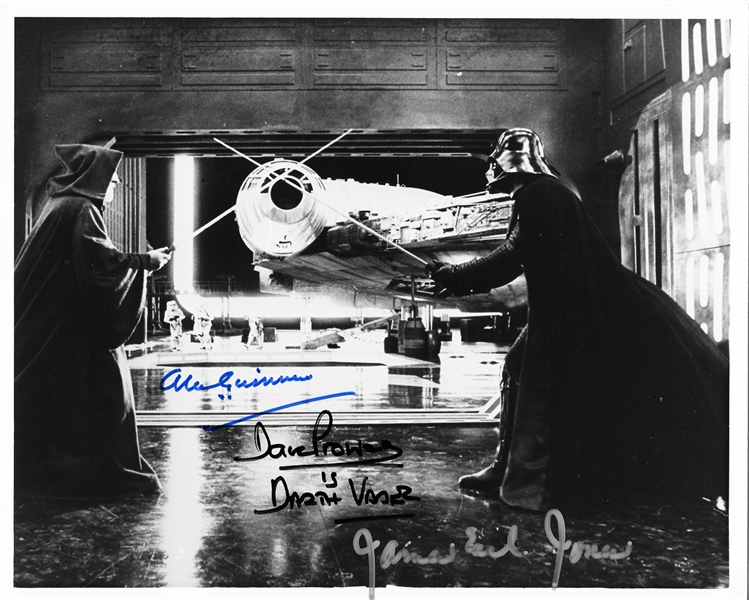 Obi-Wan vs. Vader: ULTRA RARE Sir Alec Guinness, Dave Prowse & James Earl Jones Signed 8" x 10" B&W Photo (PSA/DNA)