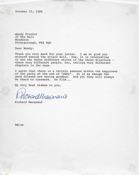 (Return of the Jedi) Richard Marquand SCARCE Signed Letter with Great "ROTJ" Content (PSA/DNA)