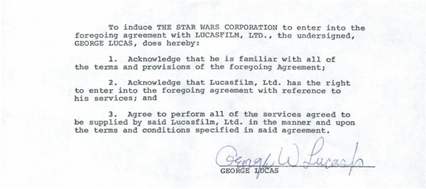 George Lucas Rare Signed One-Page Document in Which Star Wars Corporation Lends Lucas Service to Lucasfilm Ltd. for "Star Wars"! (PSA/DNA)