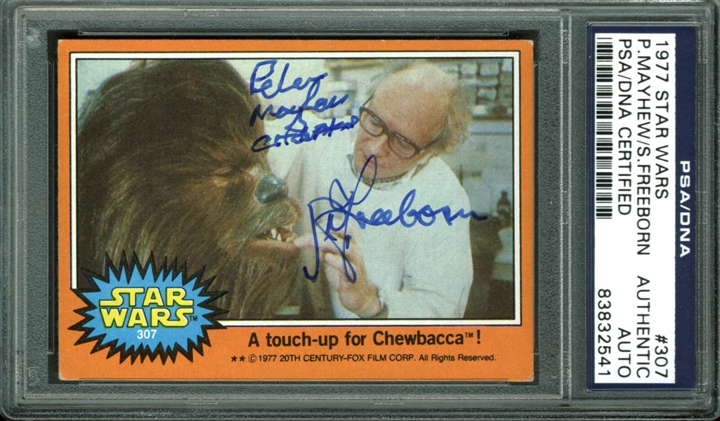 Chewbaca: Peter Mayhew & Stuart Freeborn Rare Dual Signed 1977 Star Wars Trading Card #307 (PSA/DNA Encapsulated)