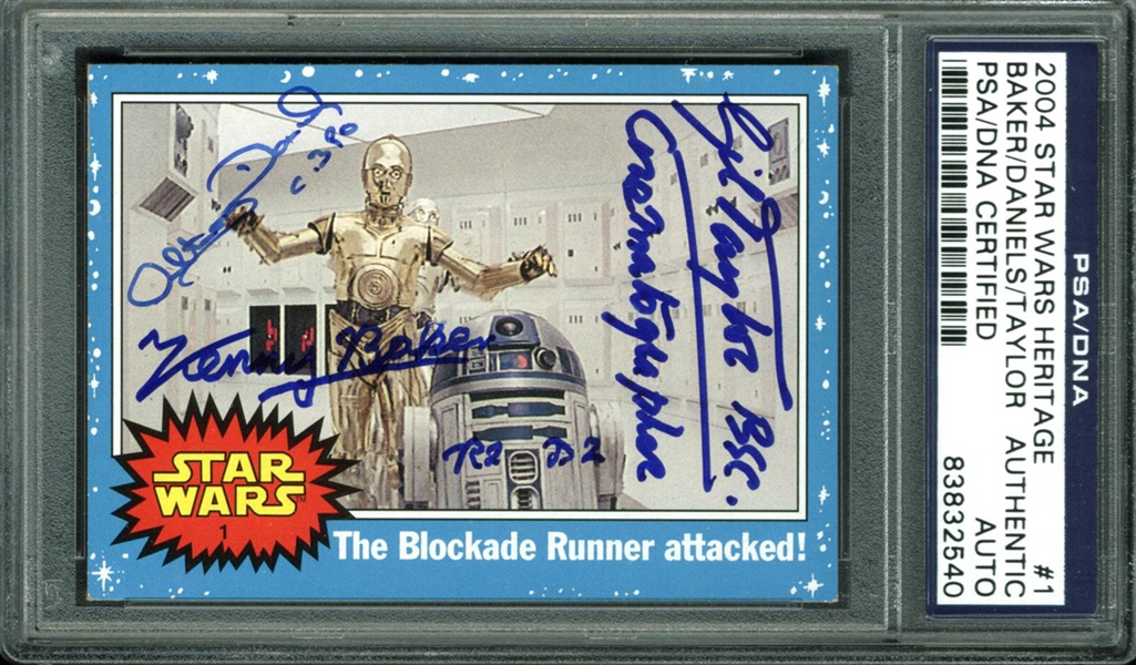 Anthony Daniels, Kenny Baker & Gilbert Taylor Signed 2004 Topps Star Wars Heritage Trading Card #1 (PSA/DNA Encapsulated)