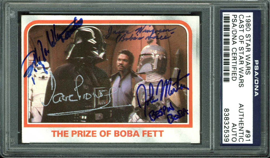 Star Wars Cast Signed 1980 Topps Trading Card #91 with Prowse, Williams, Morton & Wingreen (PSA/DNA Encapsulated)