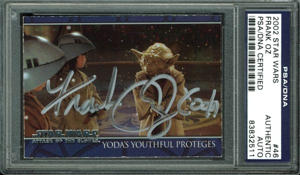 Frank Oz Rare Signed 2002 Topps Attack of the Clones Trading Card #48 :: With "Yoda" Inscription (PSA/DNA Encapsulated)