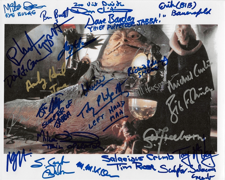 Jabba The Hutt: Amazing Signed 8" x 10" Color Photo featuring Twenty-Four (23) Autographs of The Crew Members that Created Him! (PSA/DNA Guaranteed)