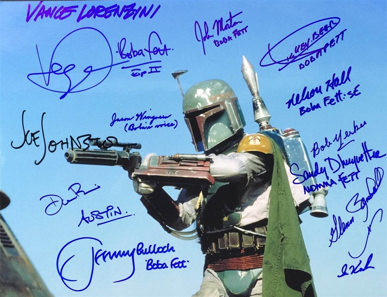 Boba Fett Extensively Signed 11" x 14" Color Photo with Fourteen (14) Key Autographs Incl. Actors, Designers, Stuntmen, etc (PSA/DNA Guaranteed) 